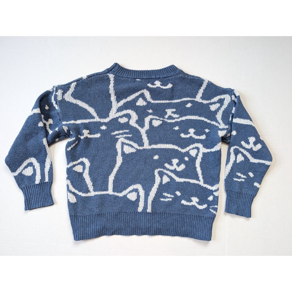 Roven Dino Cat Graphic Sweater Fits Womens Large Blue Boxy - Picture 6 of 6